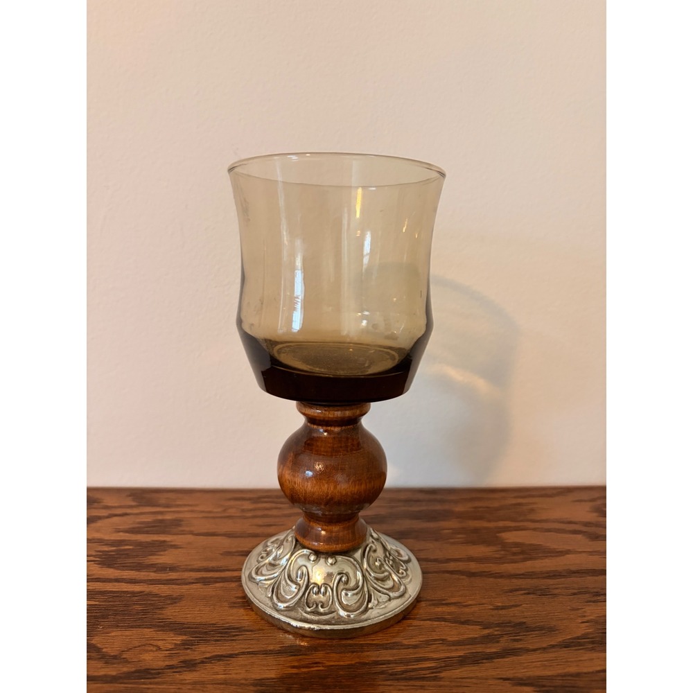 Vintage Smoked Glass Wood and Silver Scroll Metal Base Candle Holder Hurricane